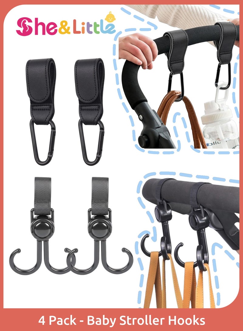 شي آند ليتل 4 قطع خطافات لعربة الأطفال، خطافات متعددة الاستخدامات للأكياس، خطافات بلاستيكية دوارة 360°، خطافات جلد قابلة للتعديل لعربة الأطفال، مناسبة لحمل الزجاجات أو حقيبة الحفاضات (أسود) - Image 1